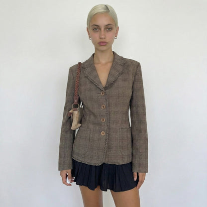Vintage French Taupe Plaid Button Front Tailored Jacket with Ruffle Trim (S/M)
