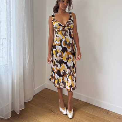 Vintage Italian brown & yellow floral mesh midi dress (S/M)