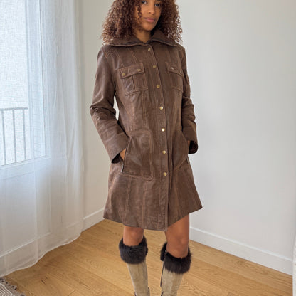 Vintage Brown Genuine Leather Coat Button Front Tailored 90s (S)