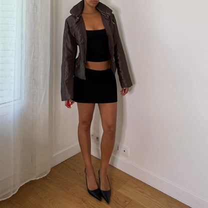 Euro vintage Y2K metallic taupe brown fitted jacket with high collar