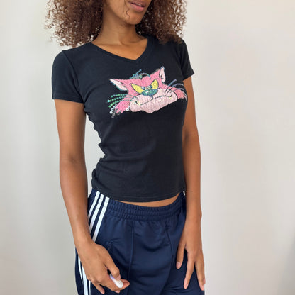 Italian Vintage Benetton Sequin Cat V-Neck Baby Tee (Small)