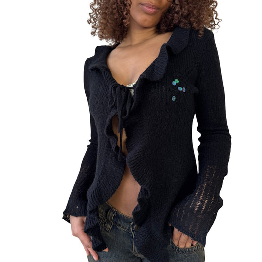 Vintage euro black textured knit tie front cardigan with ruffle trim and flared sleeves (S/M)