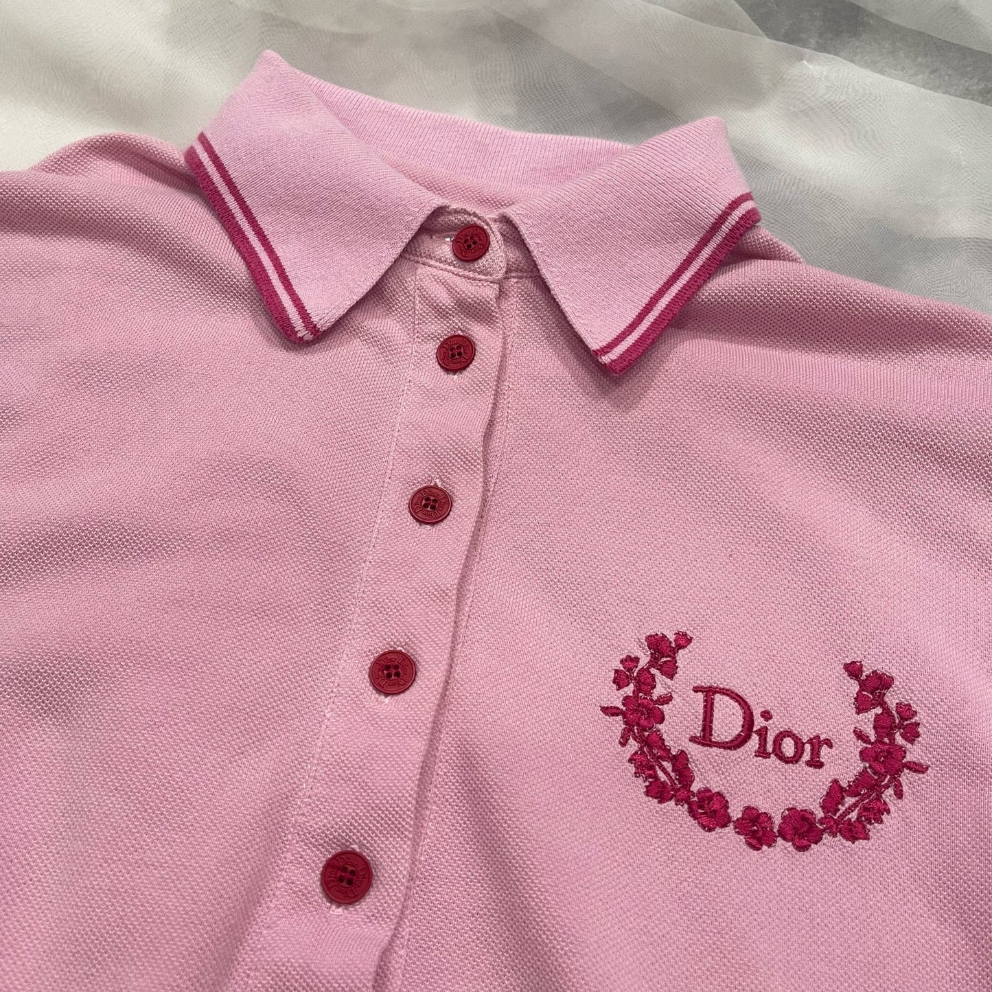 Vintage Dior Pink Fuschia Magenta & Yellow Logo Polo Shirt (USA 8)