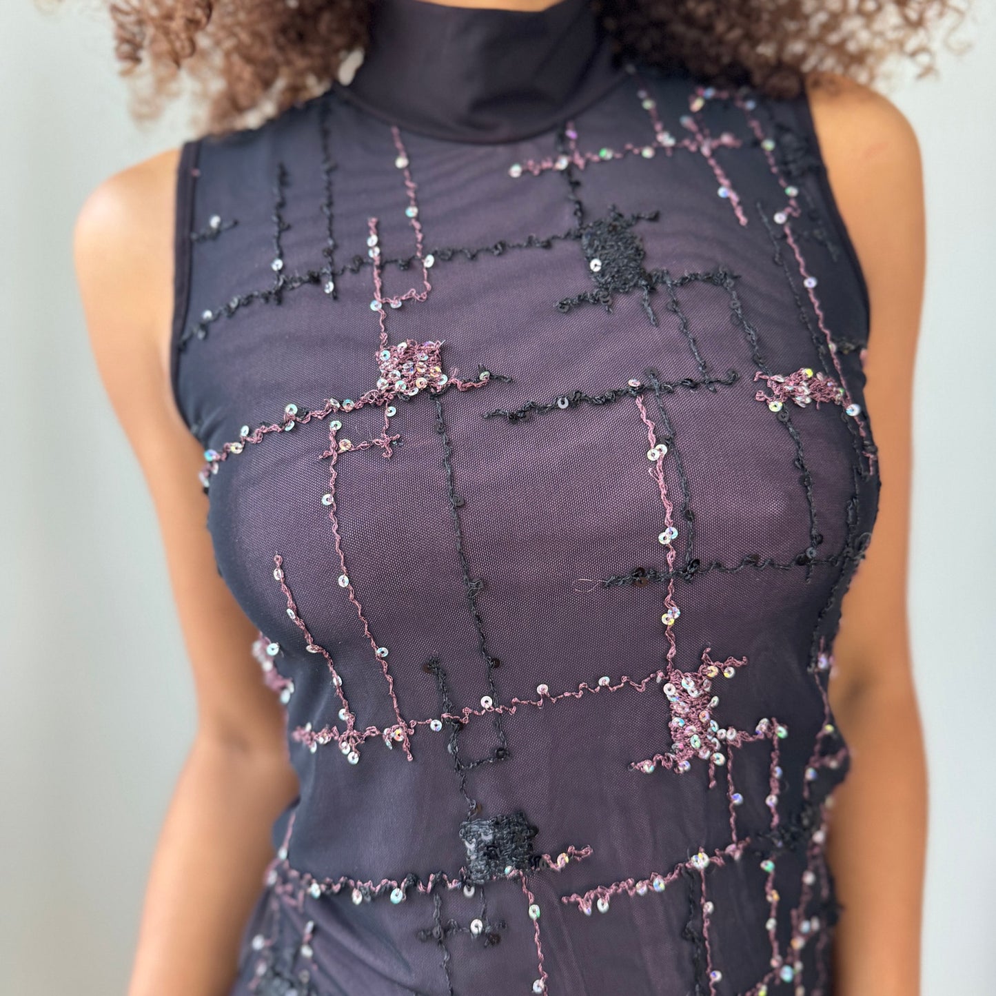 Vintage Italian black sequin embroidered mesh sleeveless top (Small)