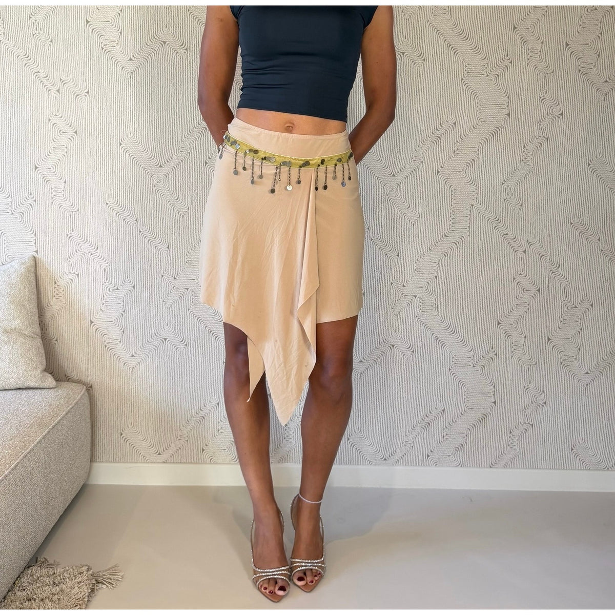 Euro Vintage Cream Beige Asymmetric Faux Suede Midi Skirt with Sequin Velvet Waistband & Dangling Metal Charms