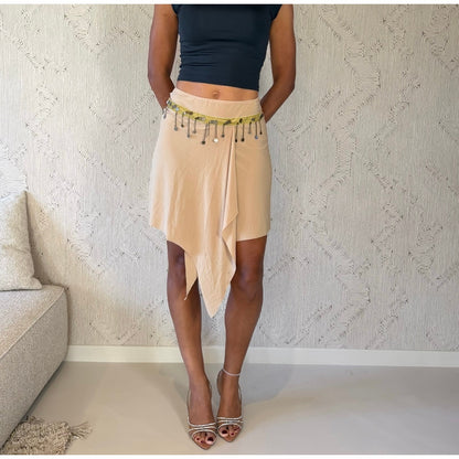 Euro Vintage Cream Beige Asymmetric Faux Suede Midi Skirt with Sequin Velvet Waistband & Dangling Metal Charms