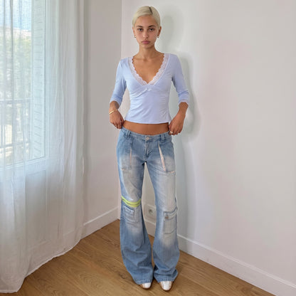 Vintage Y2K Light Wash Cargo Flare Jeans Utility Denim (S/M)