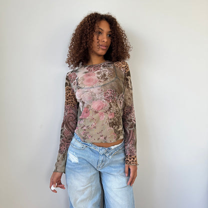 Vintage French mesh long sleeve top with floral, paisley & leopard print S