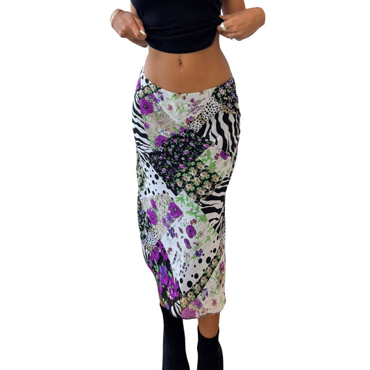 Vintage Italian mixed-print mesh midi skirt with floral & animal print (Small)