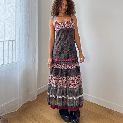 Vintage Cop Copine patchwork print cotton maxi dress with cross back (Small)