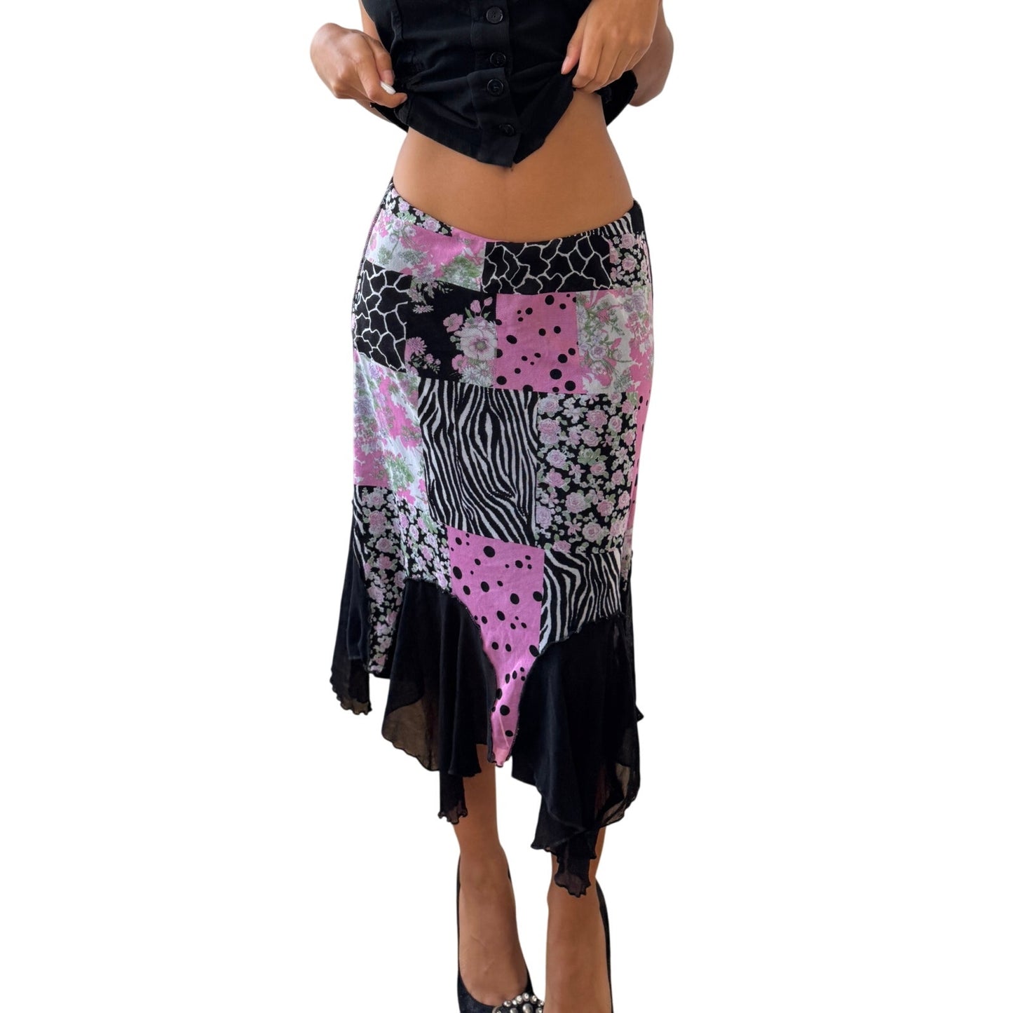 Vintage Italian pink and black patchwork mesh low-rise midi skirt (Small)