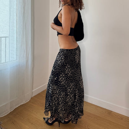 Vintage Italian Black White Floral Mesh Maxi Skirt Ruffle Hem (S/M)