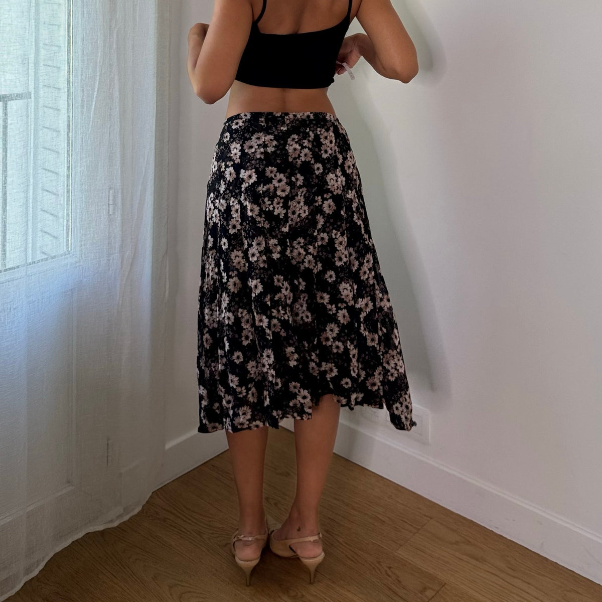 Vintage Black Brown Floral Mesh Midi Skirt (S)