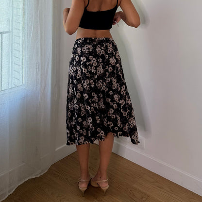 Vintage Black Brown Floral Mesh Midi Skirt (S)