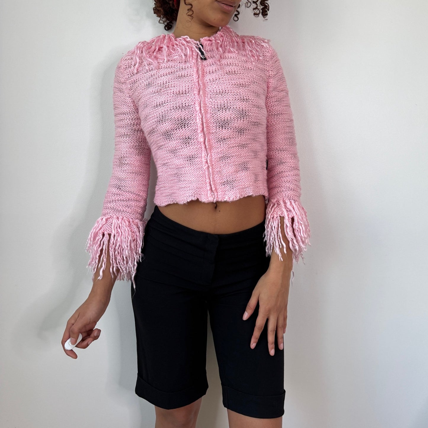 Vintage Pink Fringe Knit Cropped Jacket Zip Up Y2K Euro (XS/S)