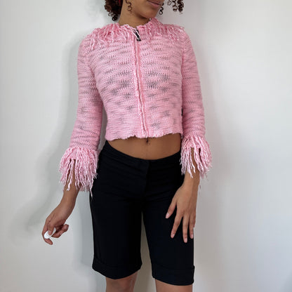 Vintage Pink Fringe Knit Cropped Jacket Zip Up Y2K Euro (XS/S)