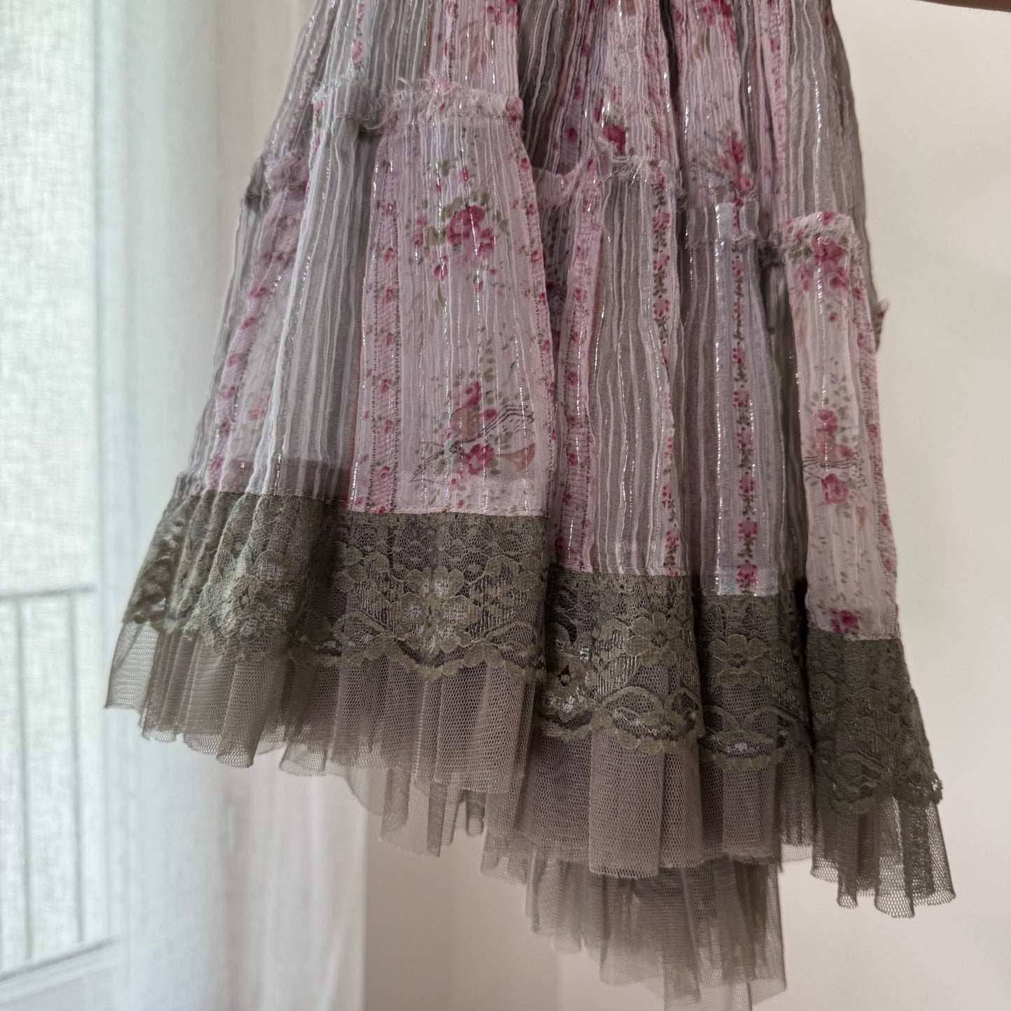 Vintage Derhy Floral Lace Tiered Mesh Skirt Y2K (S)