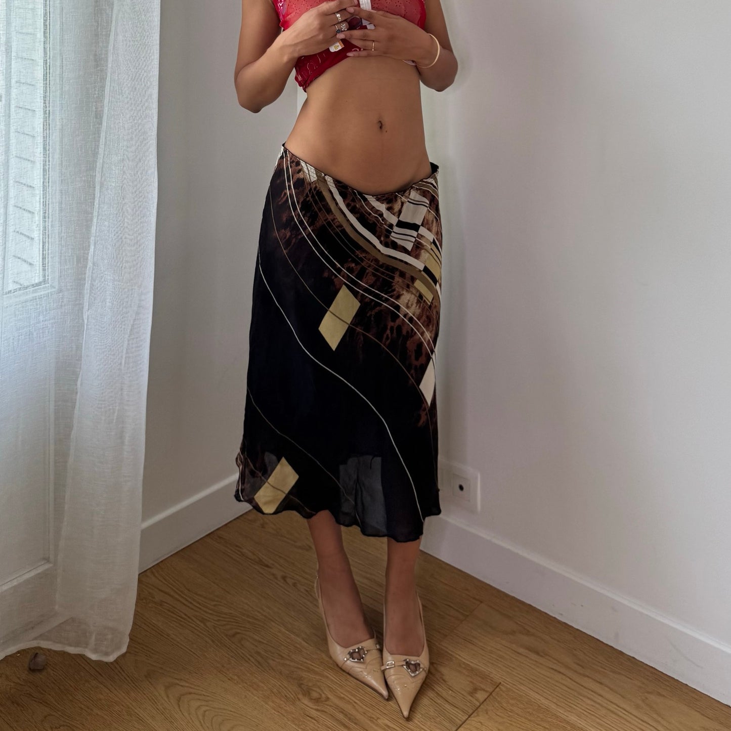 Vintage Black Brown Abstract Mesh Midi Skirt Italian Y2K (M/L)