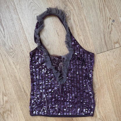 Vintage Pinko Ruffled Sequin Mesh Halter Top (S)