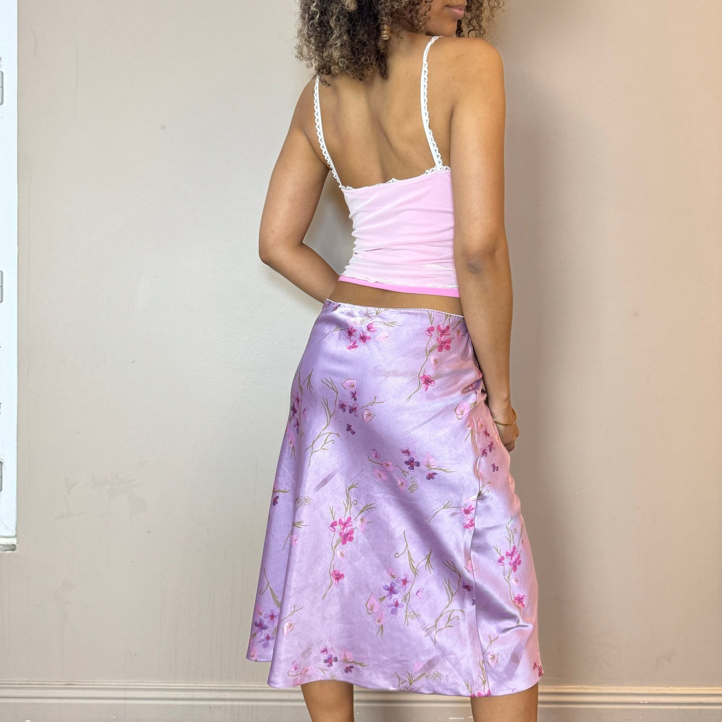 Vintage 90s Floral Satin Midi Skirt (S/M) coquette cottage