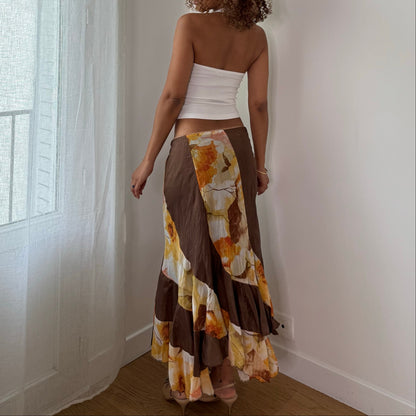 Vintage Brown Orange Floral Ruffle Maxi Skirt Mermaid Hem Italian Y2K (S)