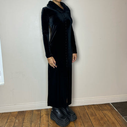 Italian Vintage 00s black velvet goth maxi dress with fur collar (S)