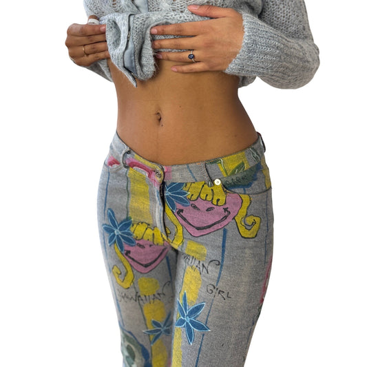 Vintage Italian hand painted style graphic stretch denim pants with colorful abstract motifs (S)