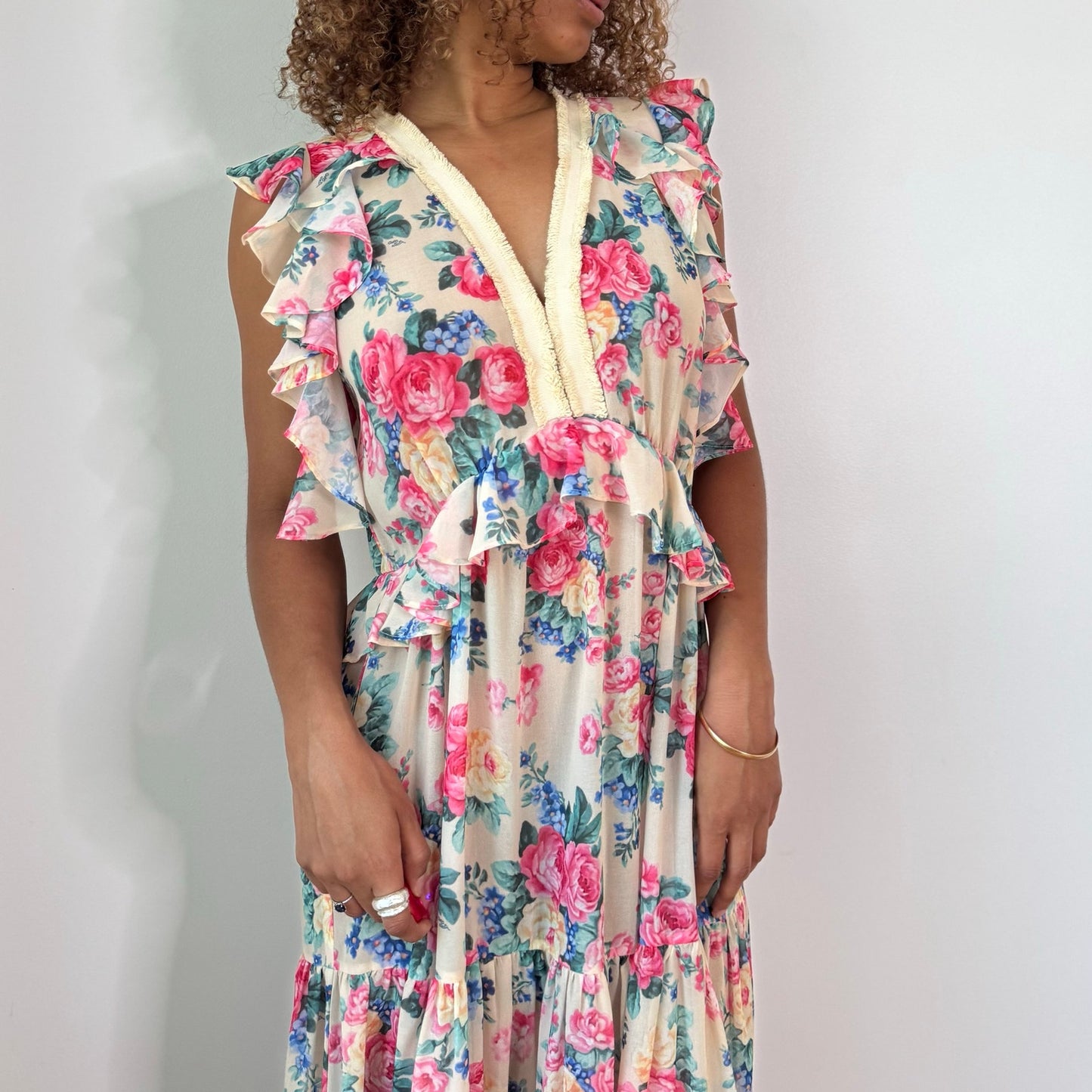 Vintage Twin Set Cream Pink Floral Mesh Maxi Dress Ruffle Tiered Romantic Y2K (S/M)