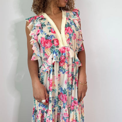 Vintage Twin Set Cream Pink Floral Mesh Maxi Dress Ruffle Tiered Romantic Y2K (S/M)