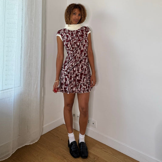 Italian vintage 2000s burgundy cream & black geometric print slinky mini dress with knit turtleneck