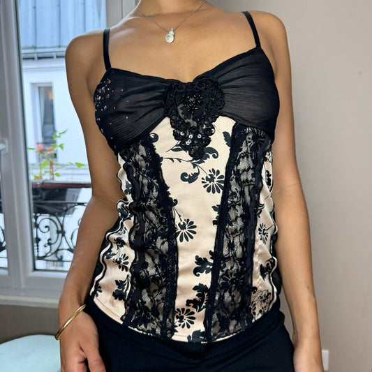 Vintage satin floral rhinestones cami with lace detail (S)