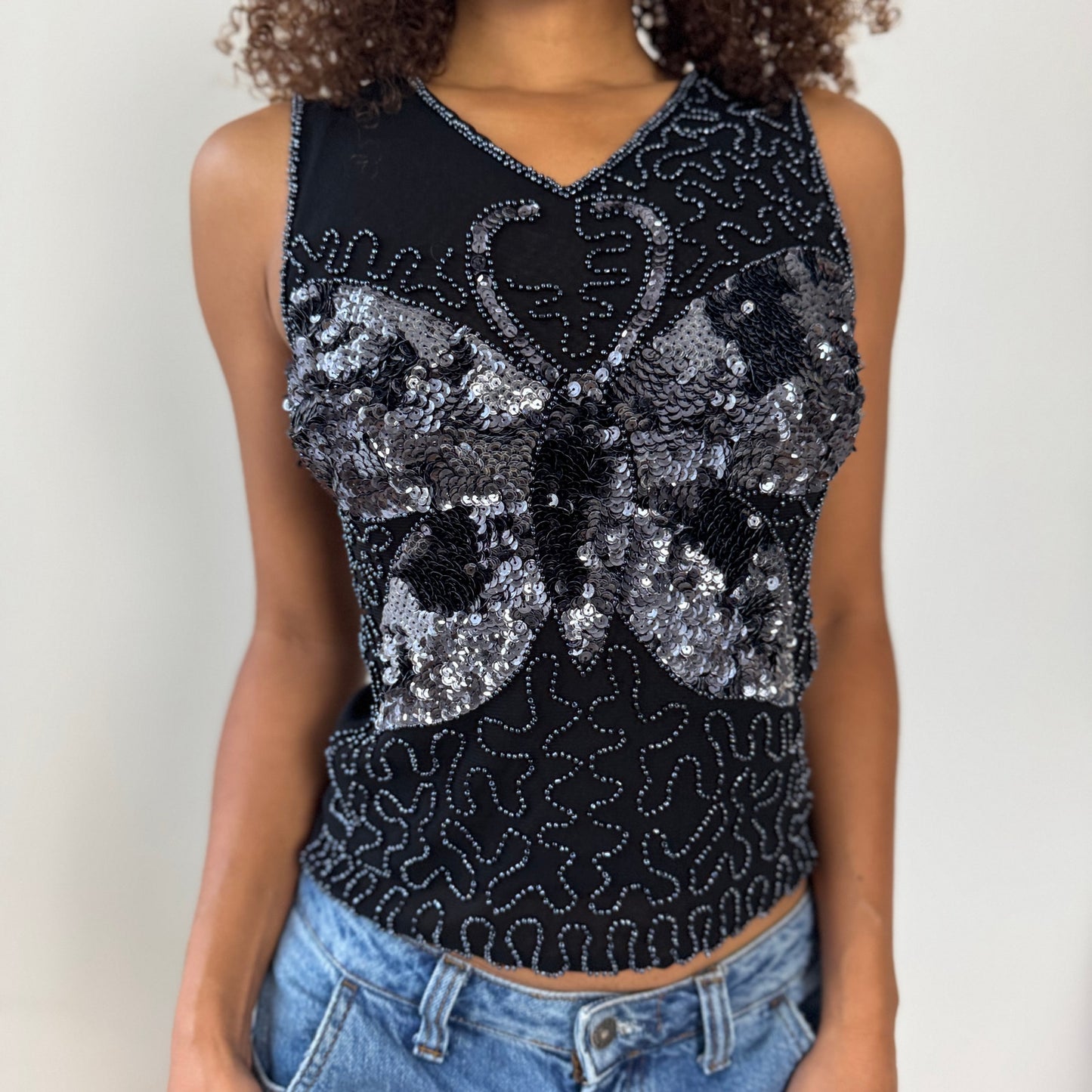 Vintage Euro black mesh sequin butterfly top (Small)