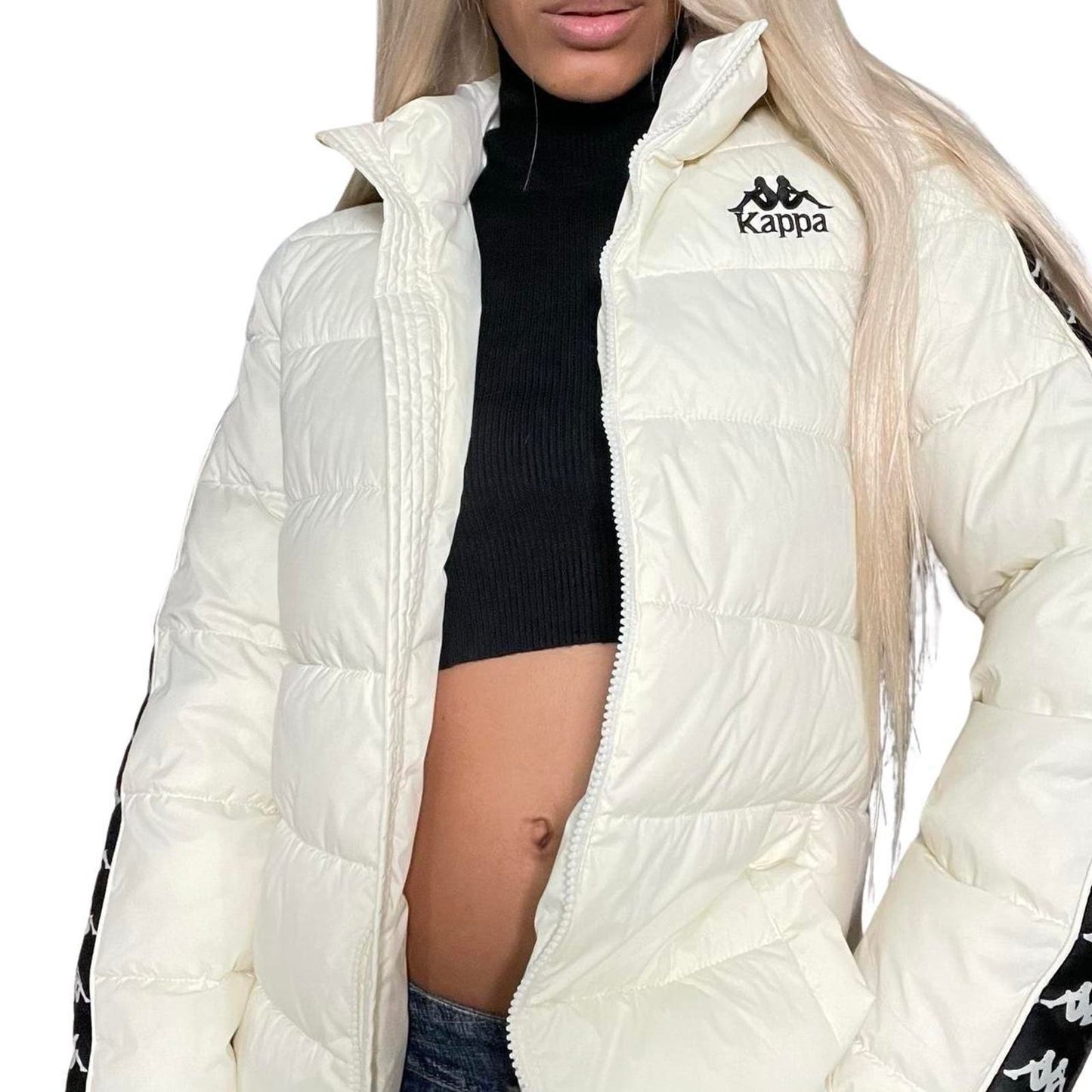 90s White Kappa Puffer Jacket All over Logo Blokette Sporty vibes (XS)