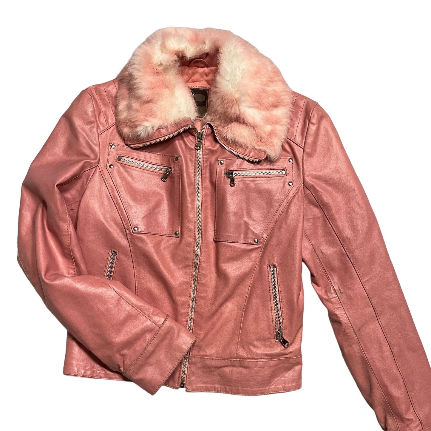 Vintage 90s pink leather jacket faux fur trim (XS/S)