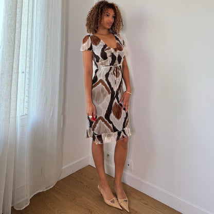 Vintage Brown Beige Abstract Mesh Midi Dress Ruched  Waist Italian Y2K (S)