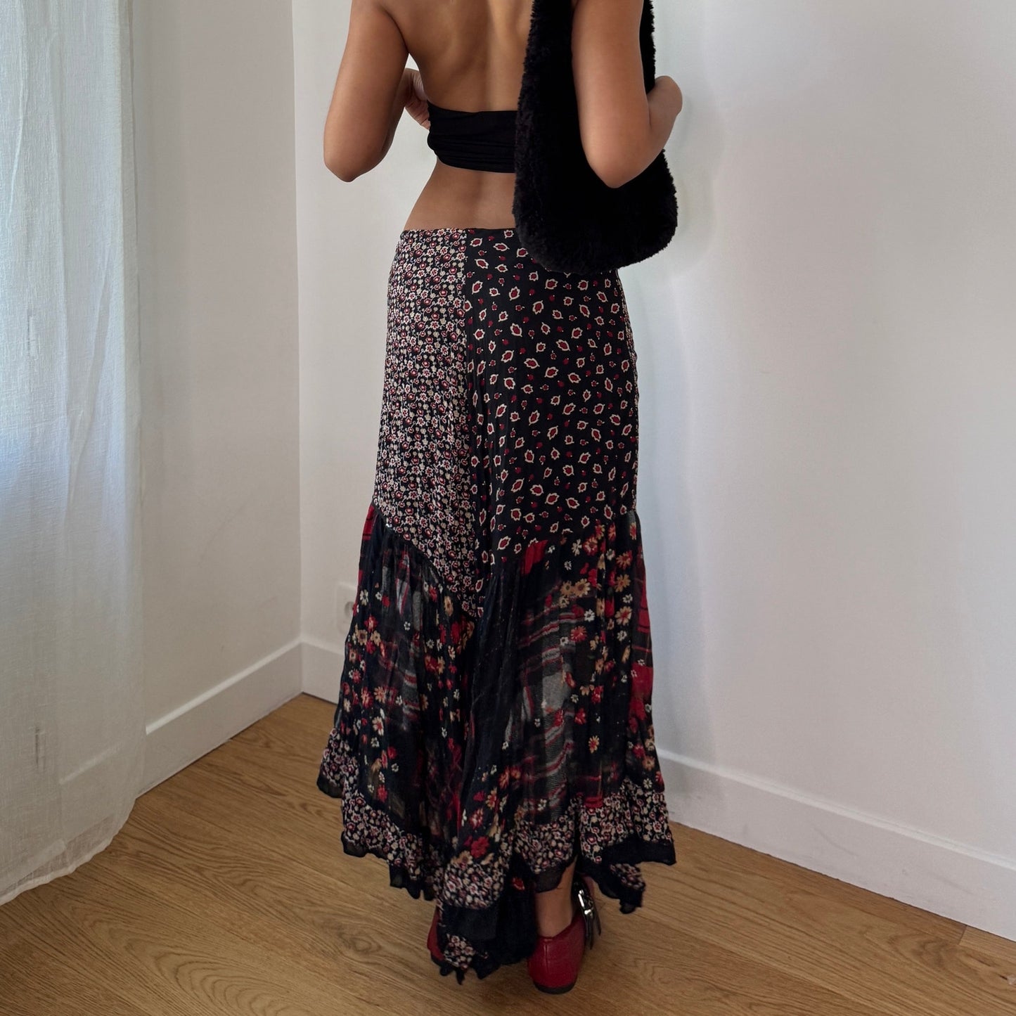 Vintage Y2K Black Red Patchwork Mesh Maxi Skirt with Mixed Floral Plaid Print (S) ⠀