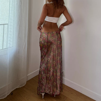 Vintage Pink Green Floral Silk Mesh Maxi Skirt Italian Y2K (S/M)