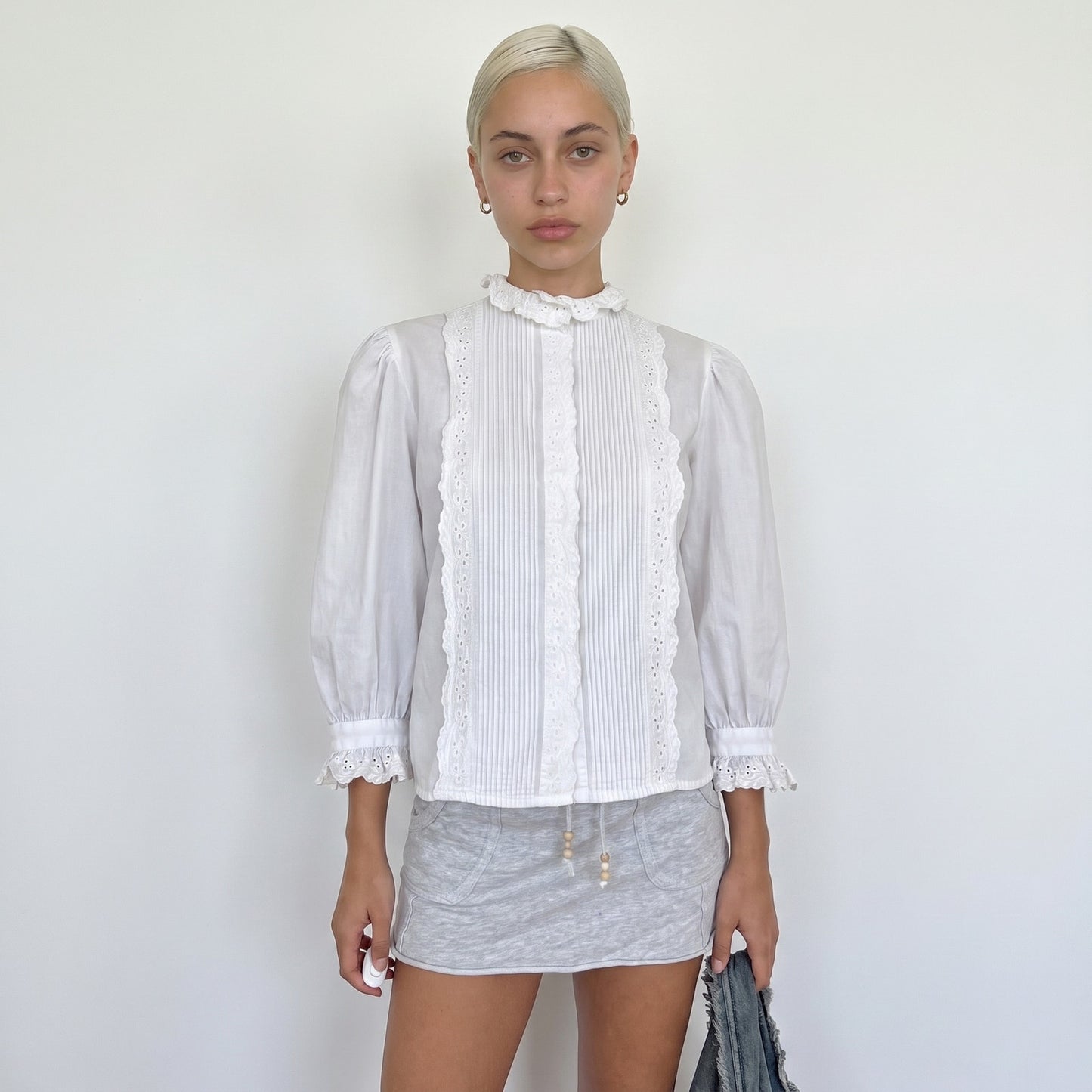 Vintage White Cotton Pointelle Blouse Ruffle Collar 90s (S/M)