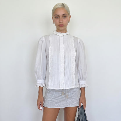 Vintage White Cotton Pointelle Blouse Ruffle Collar 90s (S/M)