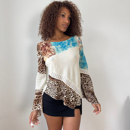 Vintage Patchwork Mixed-Print Asymmetric Long Sleeve Top with Lace Trim (M)