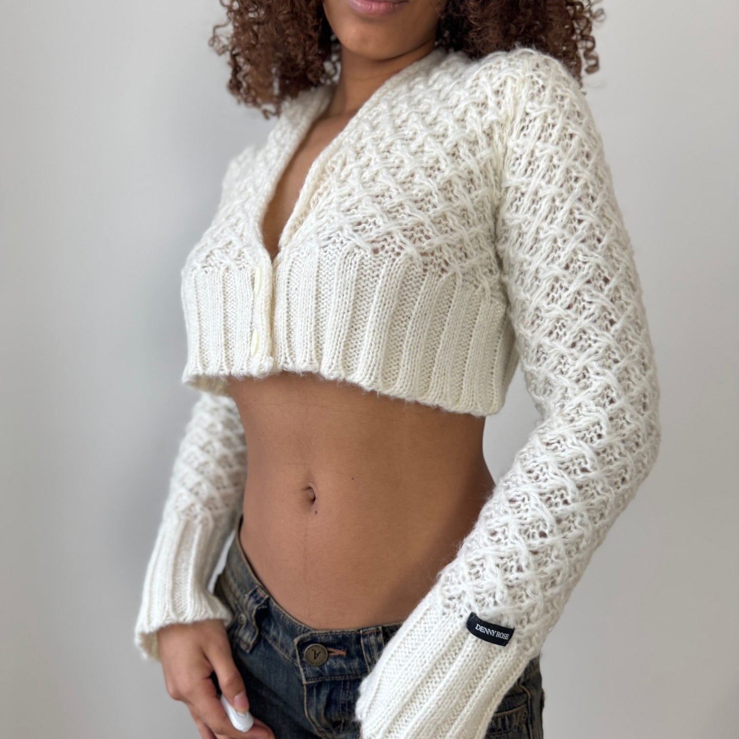 Vintage Italian cream cropped kid mohair blend knit cardigan by Denny Rose (S)