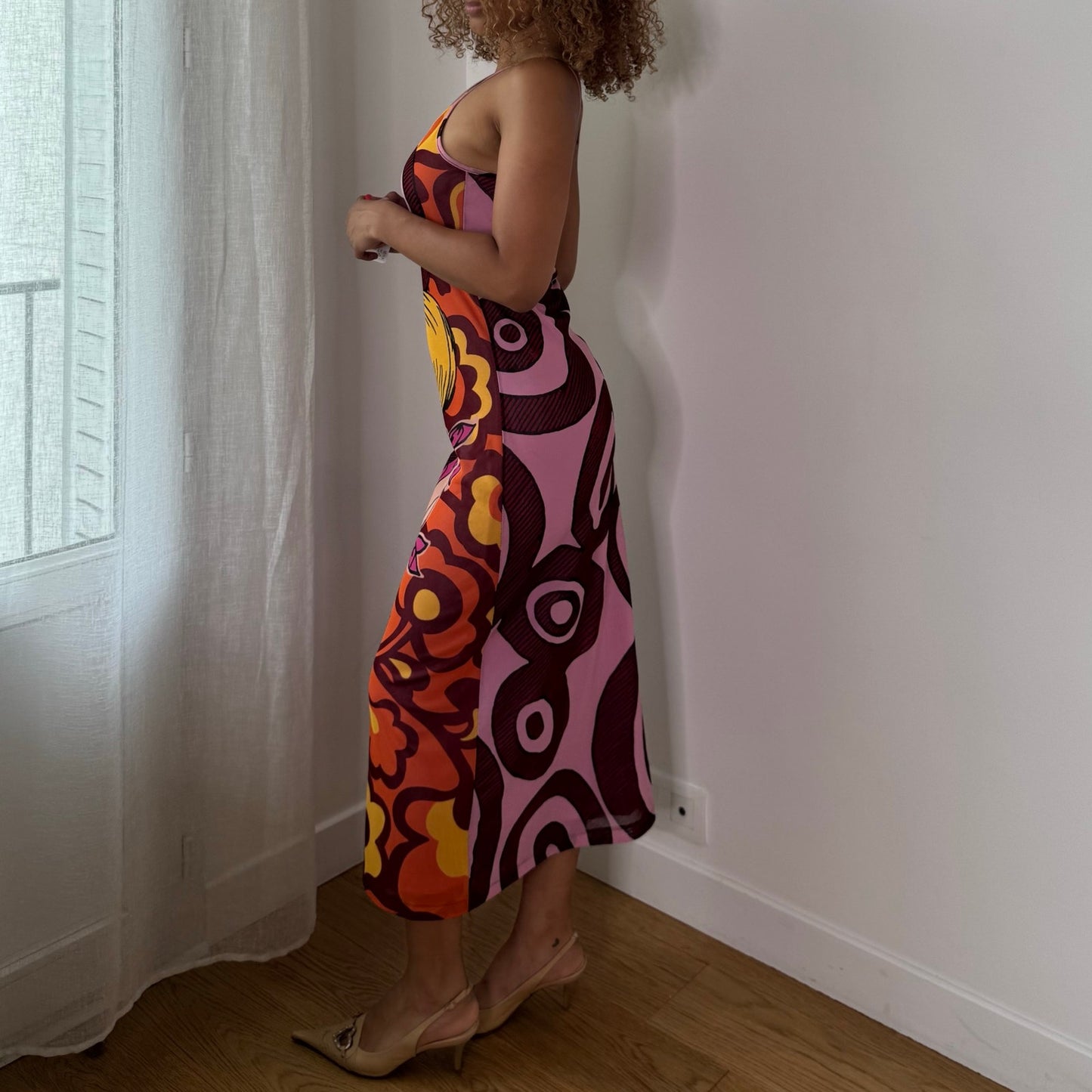 Vintage Morgan de Toi Pink Orange Women Graphic Mesh Maxi Dress Y2K (S)
