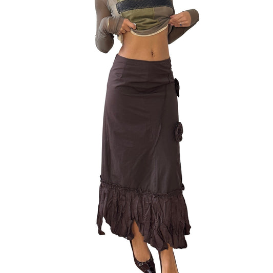 Vintage French brown asymmetric maxi skirt with rosette appliqués and ruffled hem (XS/S)