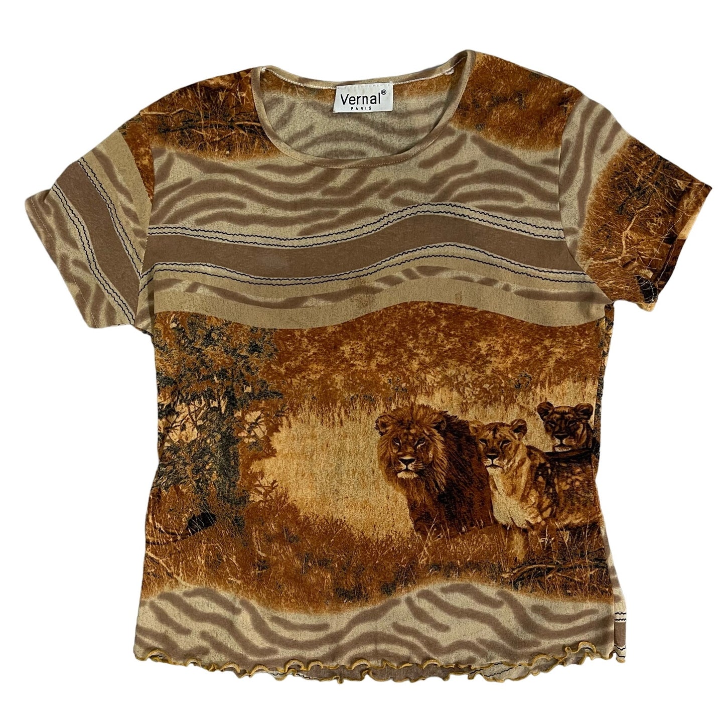 Made in France - Vintage 00s tan jungle print micro mesh short sleeve (XS/M)