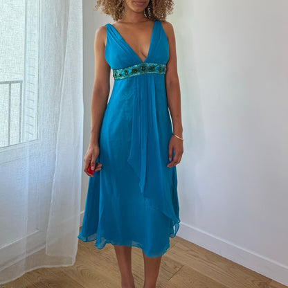 Vintage Turquoise Silk Beaded Empire Waist Midi Dress Italian Y2K (S)