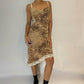 90s Italian abstract & floral asymmetrical lace trimmed midi dress lace up back