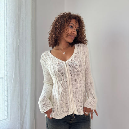 Vintage Italian White Cable Knit Cardigan Double Zip Y2K Sweater (S/M)