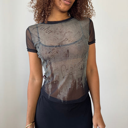 Vintage Cop Copine “2026” sheer mesh graphic short-sleeve top (Small)