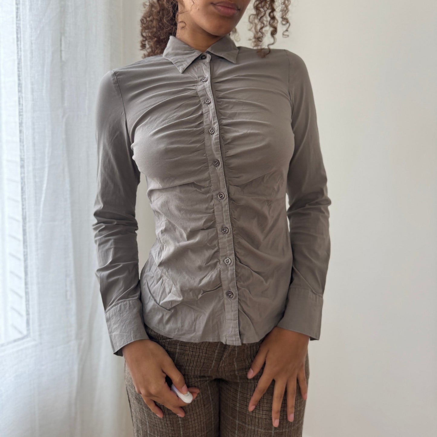 Vintage French grey ruched button-up shirt (XS/S)