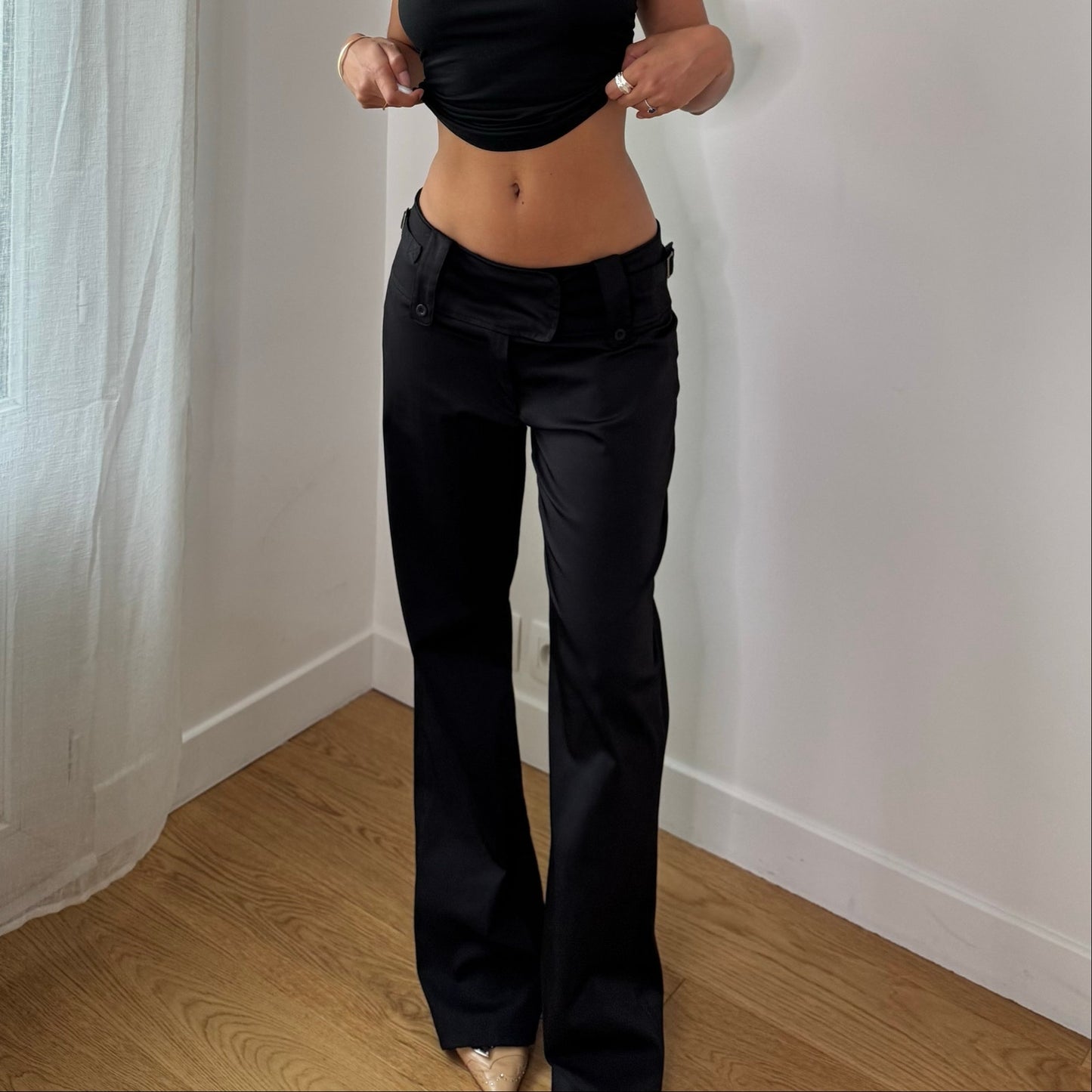 Vintage Black Buckle Waist Flare Pants Euro Y2K Trousers (S)